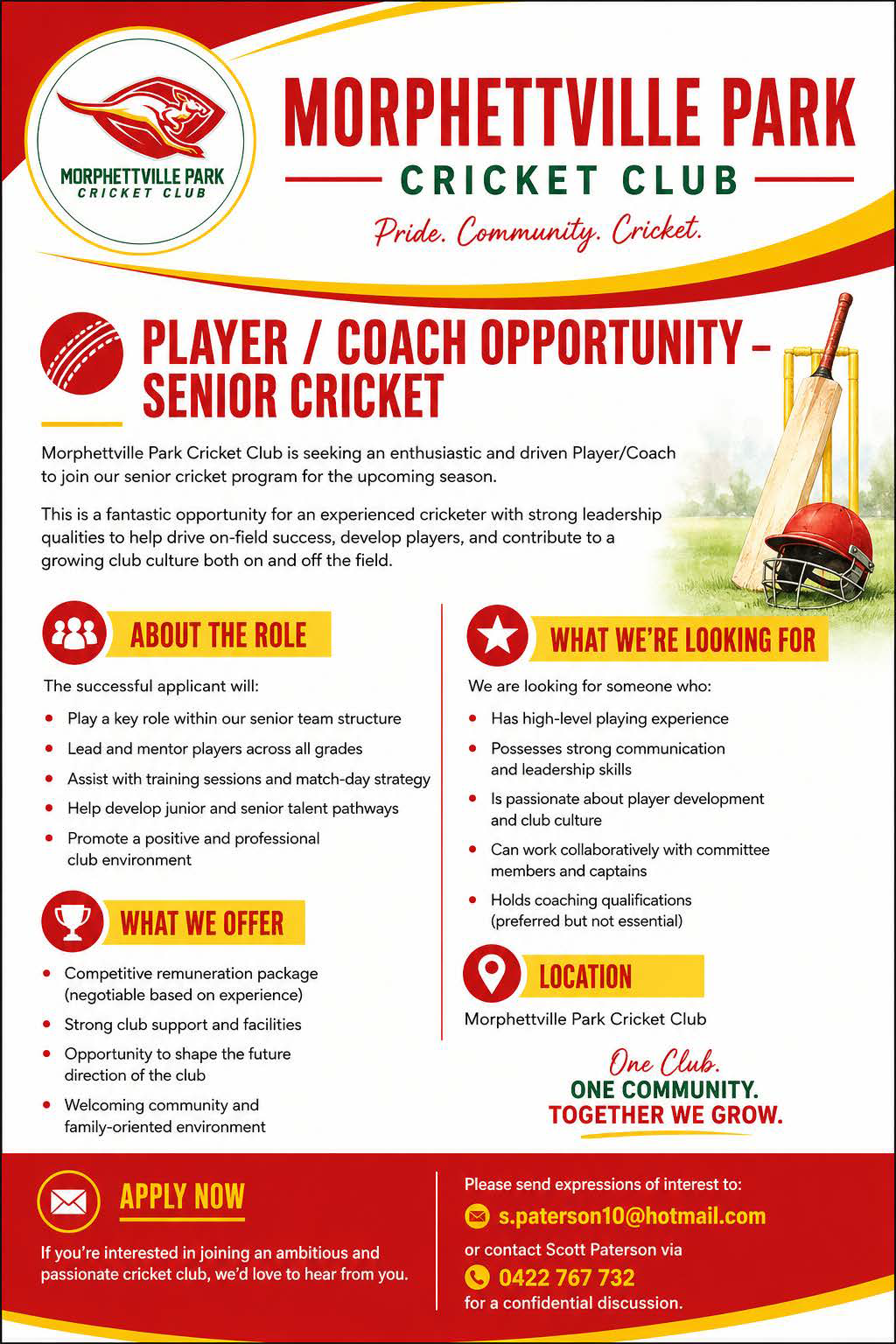 Morphettville Park Cricket Club Player Coach Opportunity